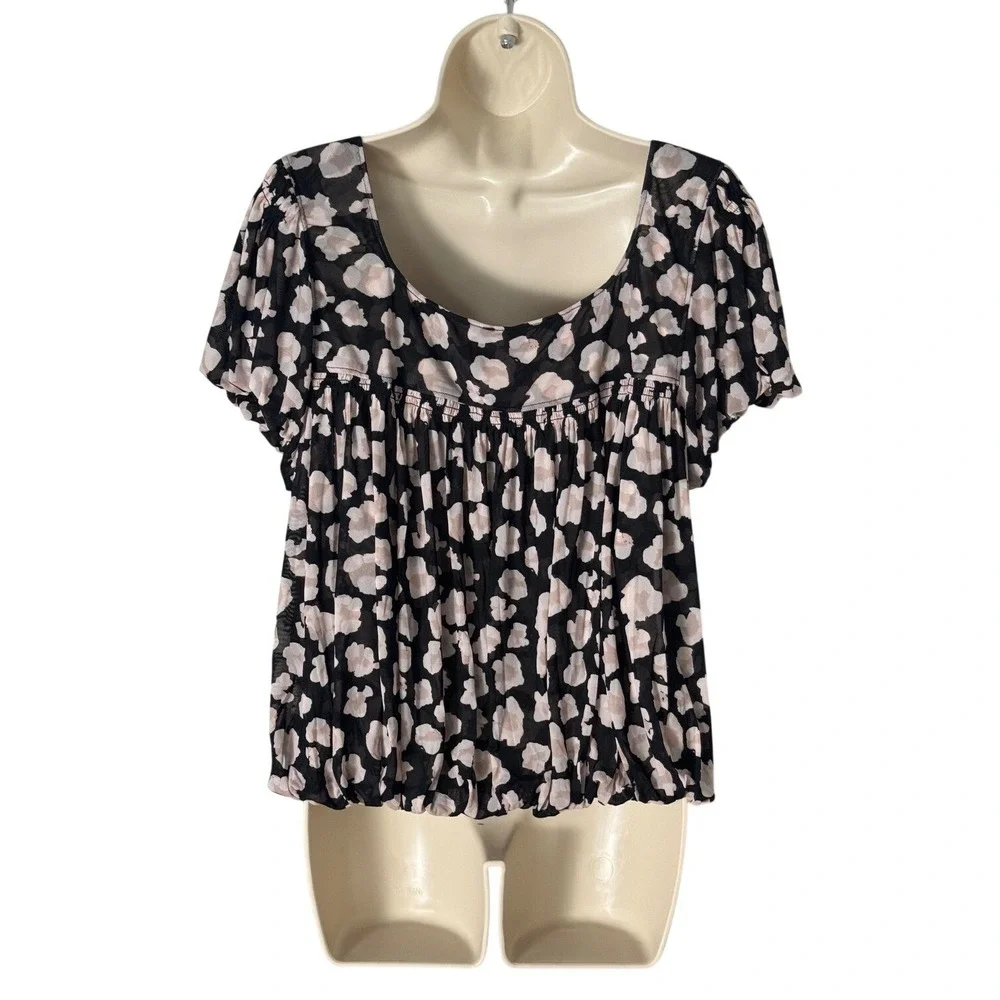 Free People Meg's Animal Print Mesh Bubble‎ Hem Blouse Size L